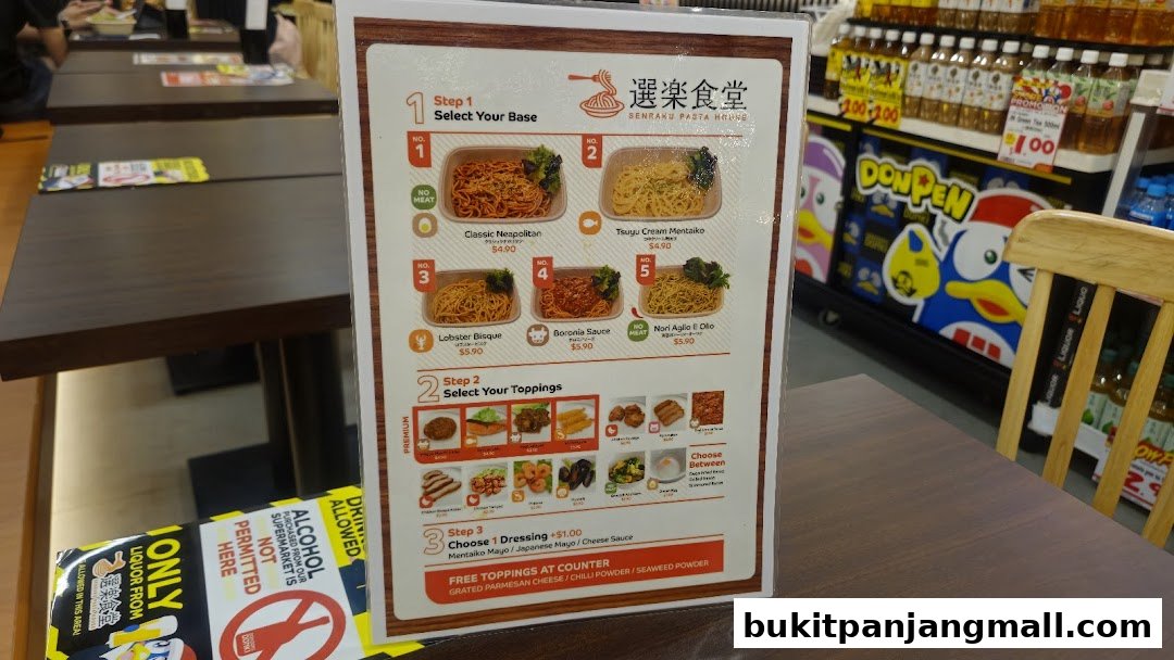 A menu for Senraku Pasta House showing pasta bases, toppings, and dressings.