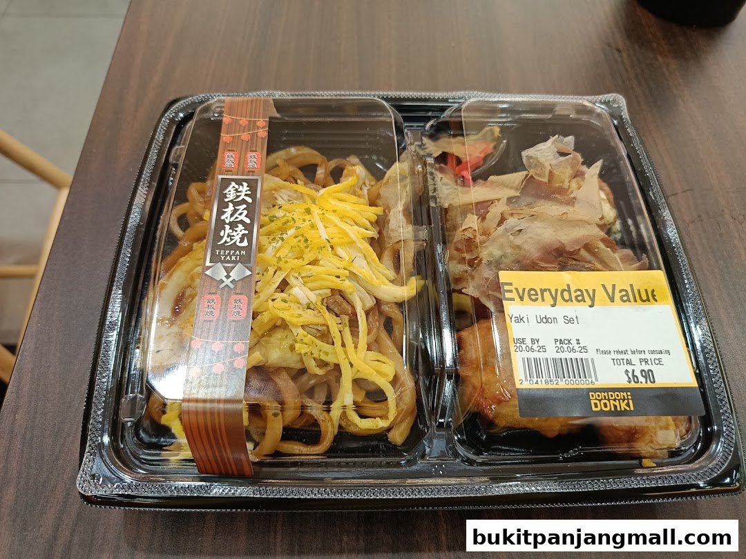 A packaged Yaki Udon Set with Teppan Yaki noodles and takoyaki.