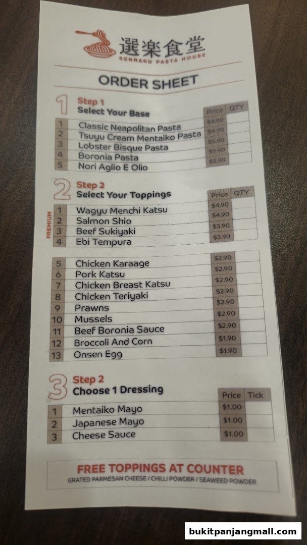 An order sheet for Senraku Pasta House, detailing bases, toppings, and dressings.