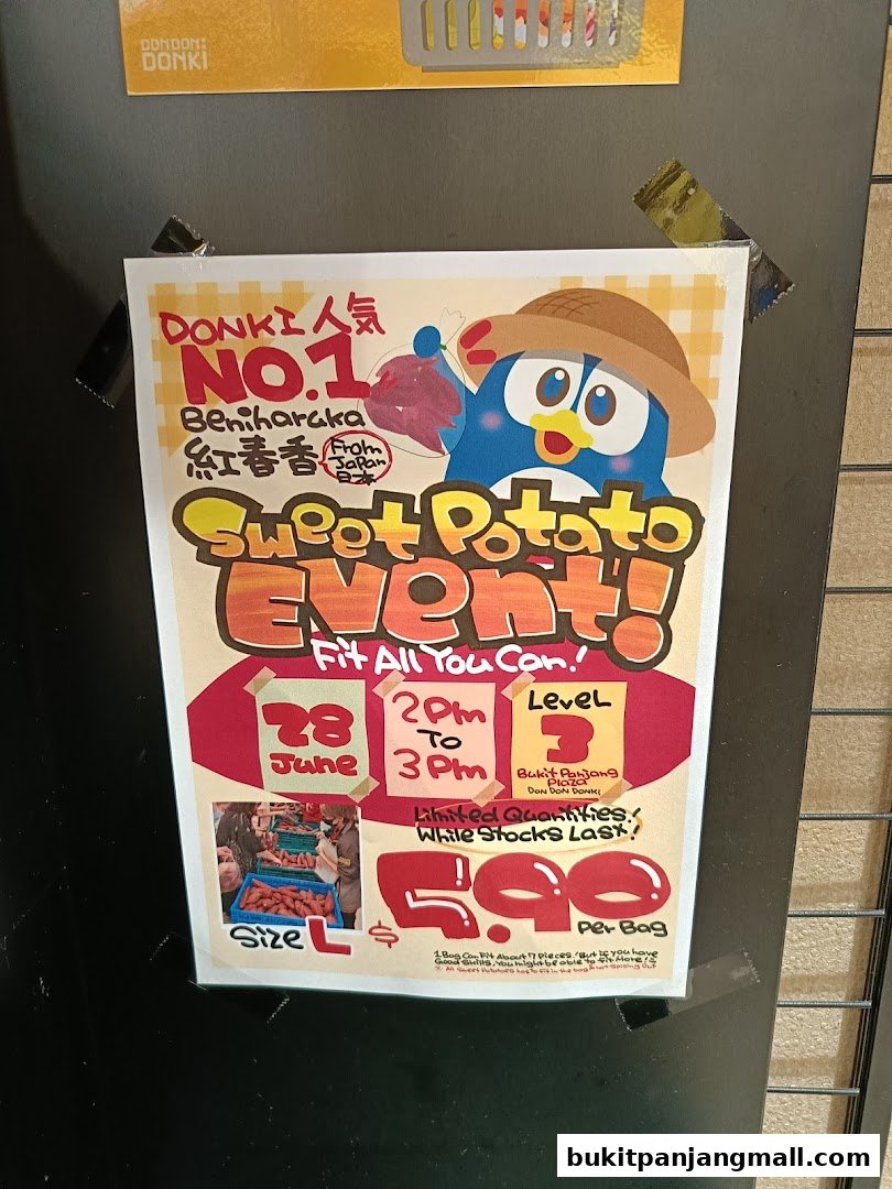 A poster advertising a 'Sweet Potato Event' at Don Don Donki, featuring a cartoon penguin and details about the event.