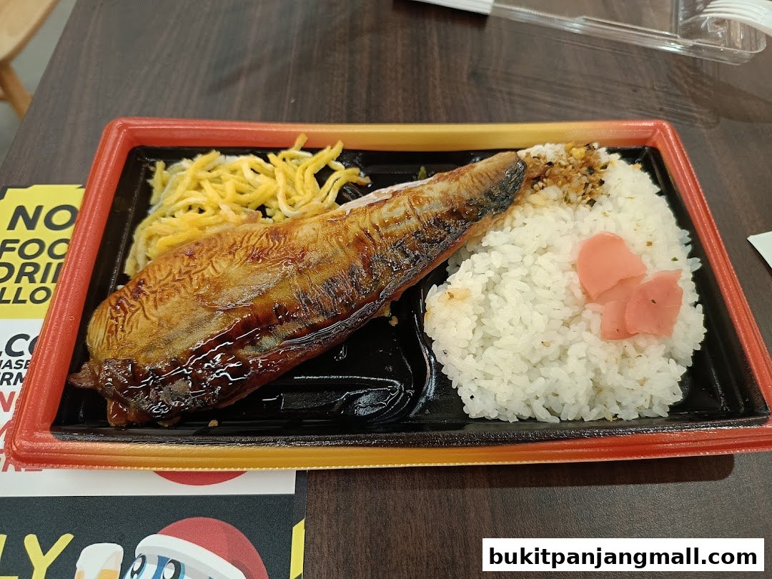 A bento box with grilled fish, rice, and shredded egg.