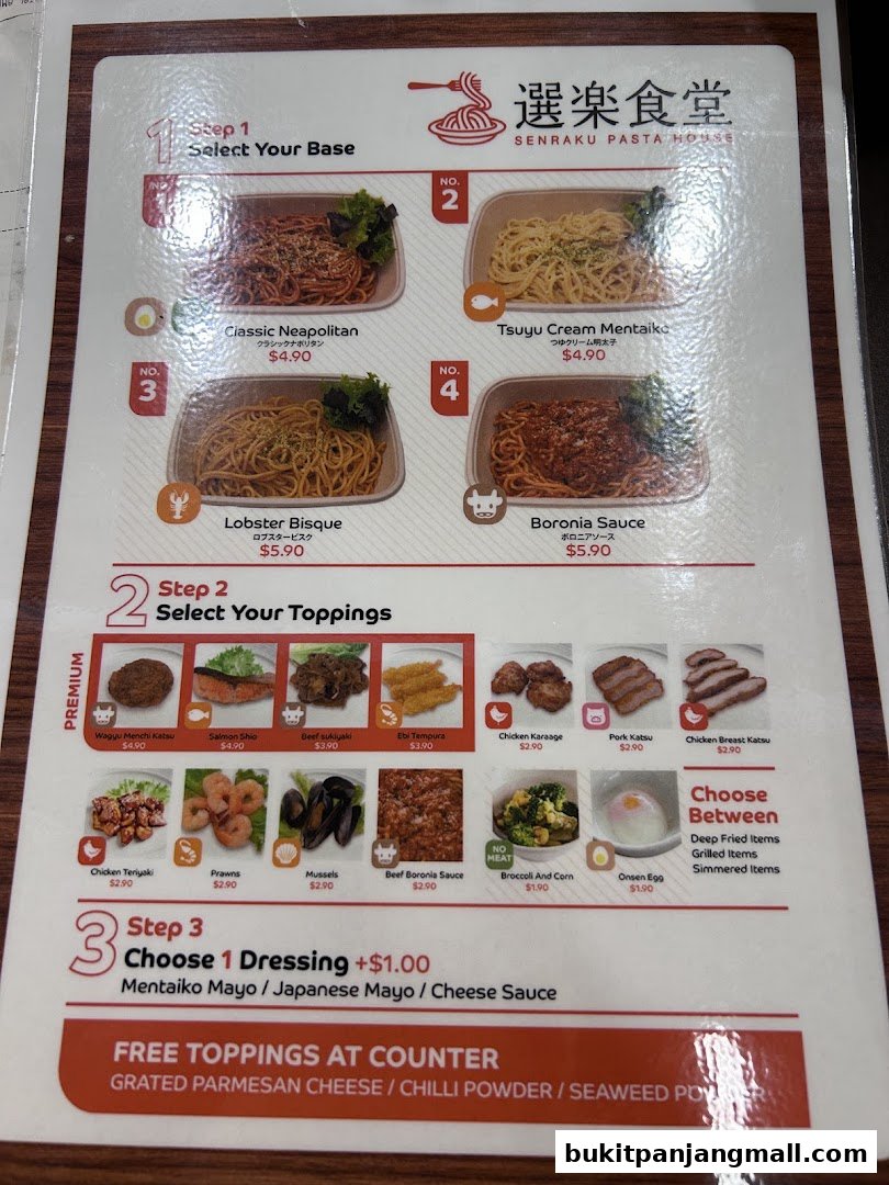 A menu for Senraku Pasta House showing pasta bases, toppings, and dressings.