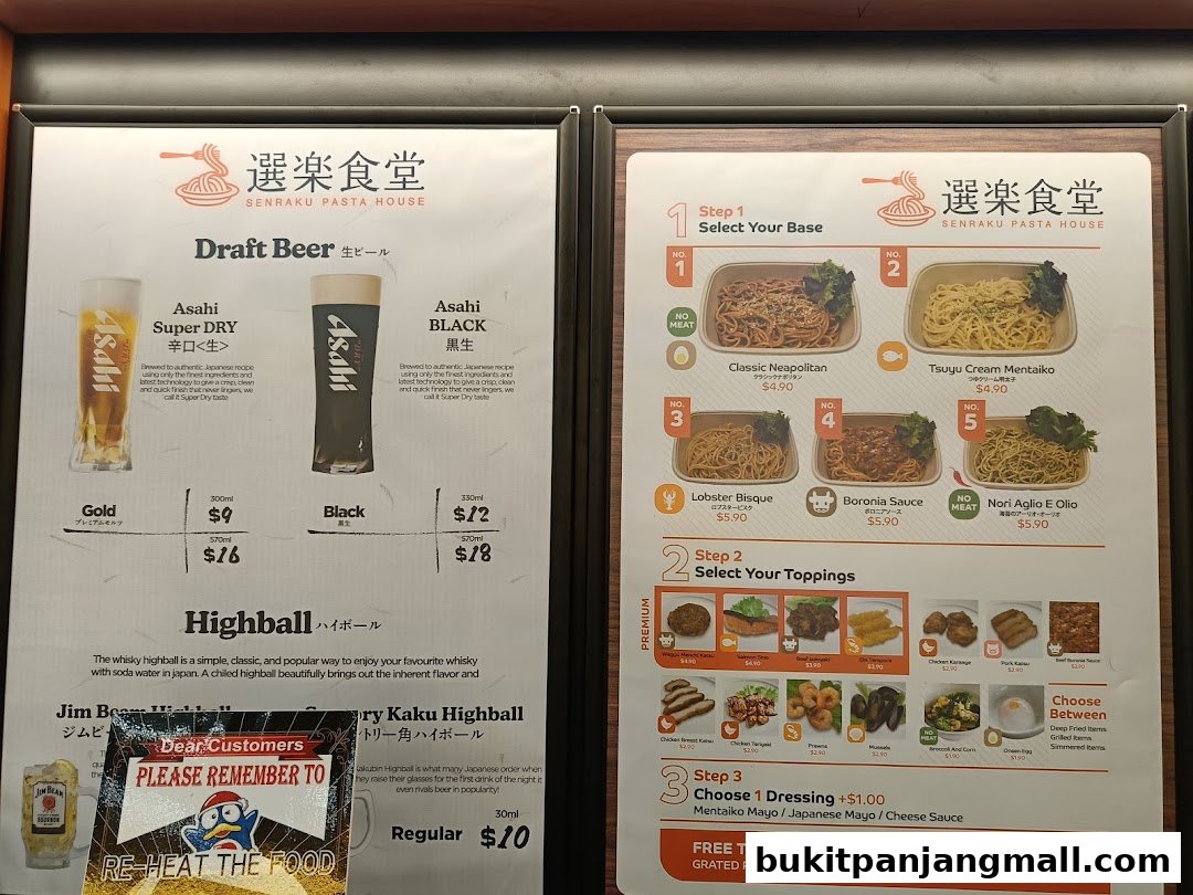 A menu for Senraku Pasta House featuring pasta bases, toppings, dressings, and drinks.