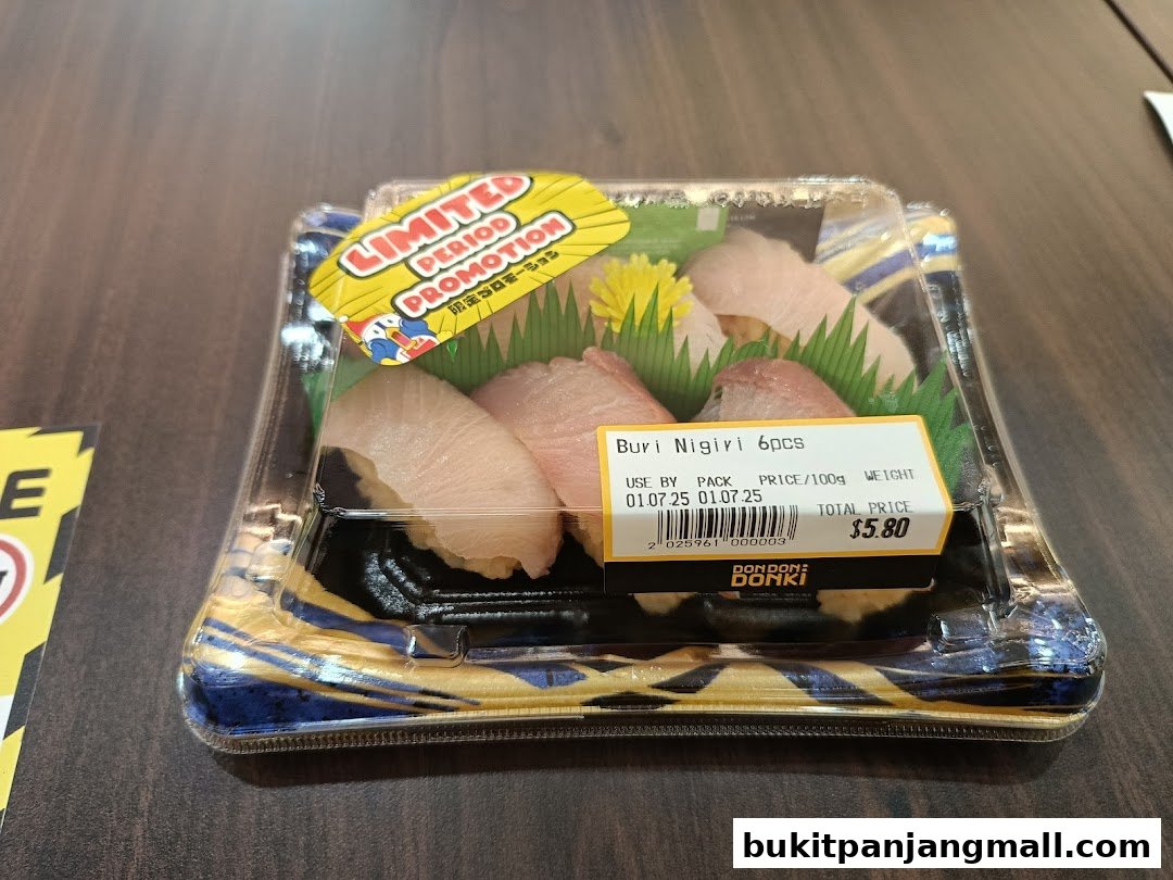 A package of Buri Nigiri sushi with a limited period promotion label.
