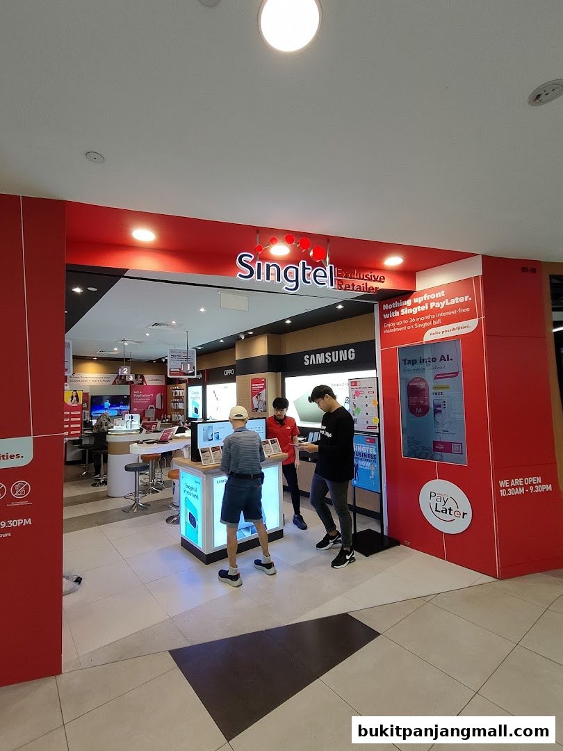 Singtel Exclusive Retailer store entrance with customers browsing phones and promotions.