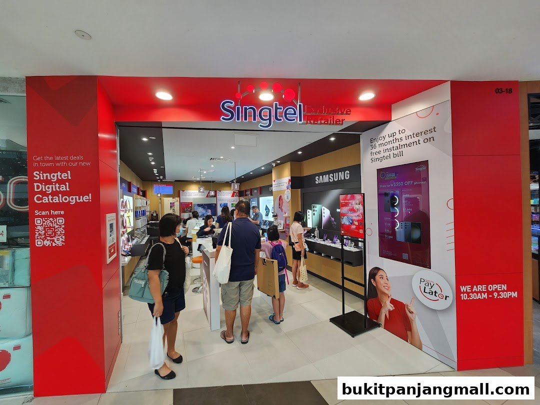 The entrance of a Singtel Exclusive Retailer shop showcasing phones and promotions.
