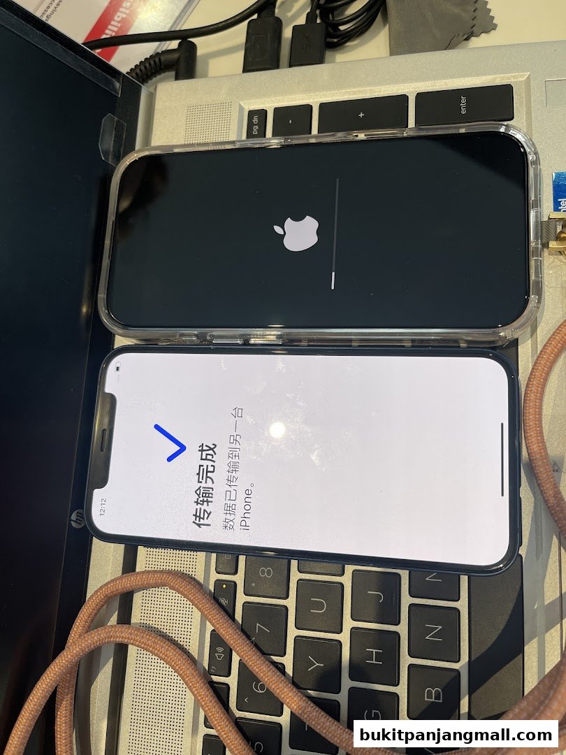 Two iPhones are shown on a laptop, one displaying an Apple logo and progress bar, the other showing a data transfer completion message.