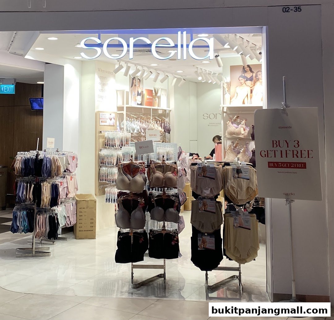 Sorella lingerie shop front with displays of bras and underwear, and a promotional sign.