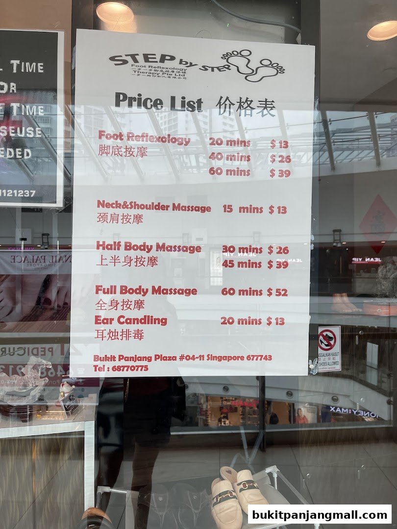 A price list for Step by Step Foot Reflexology and Therapy services.