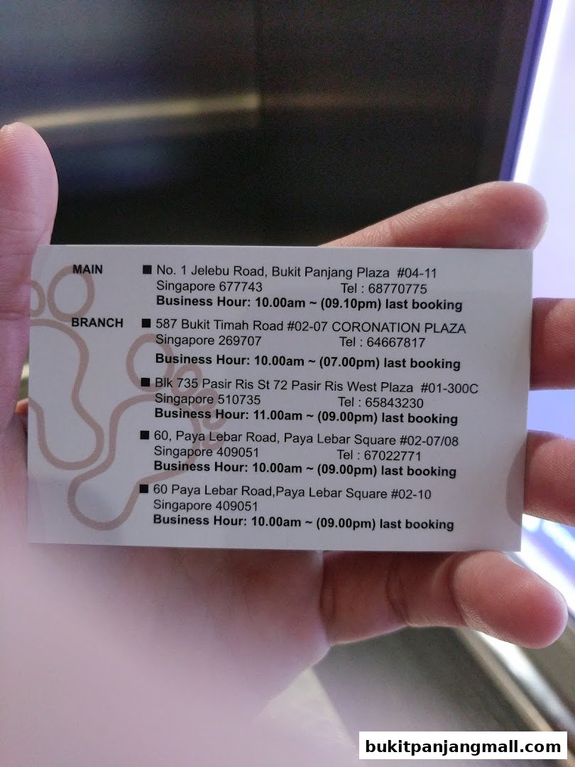 A business card showing multiple branch locations and business hours for 'Step by Step'.