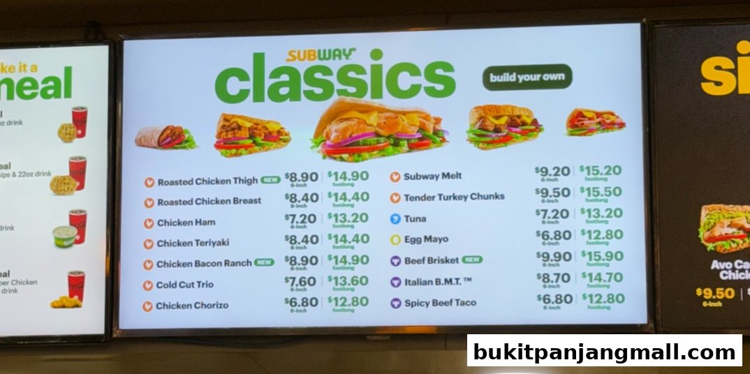 A digital menu board displaying Subway's classic sandwiches with prices and images.