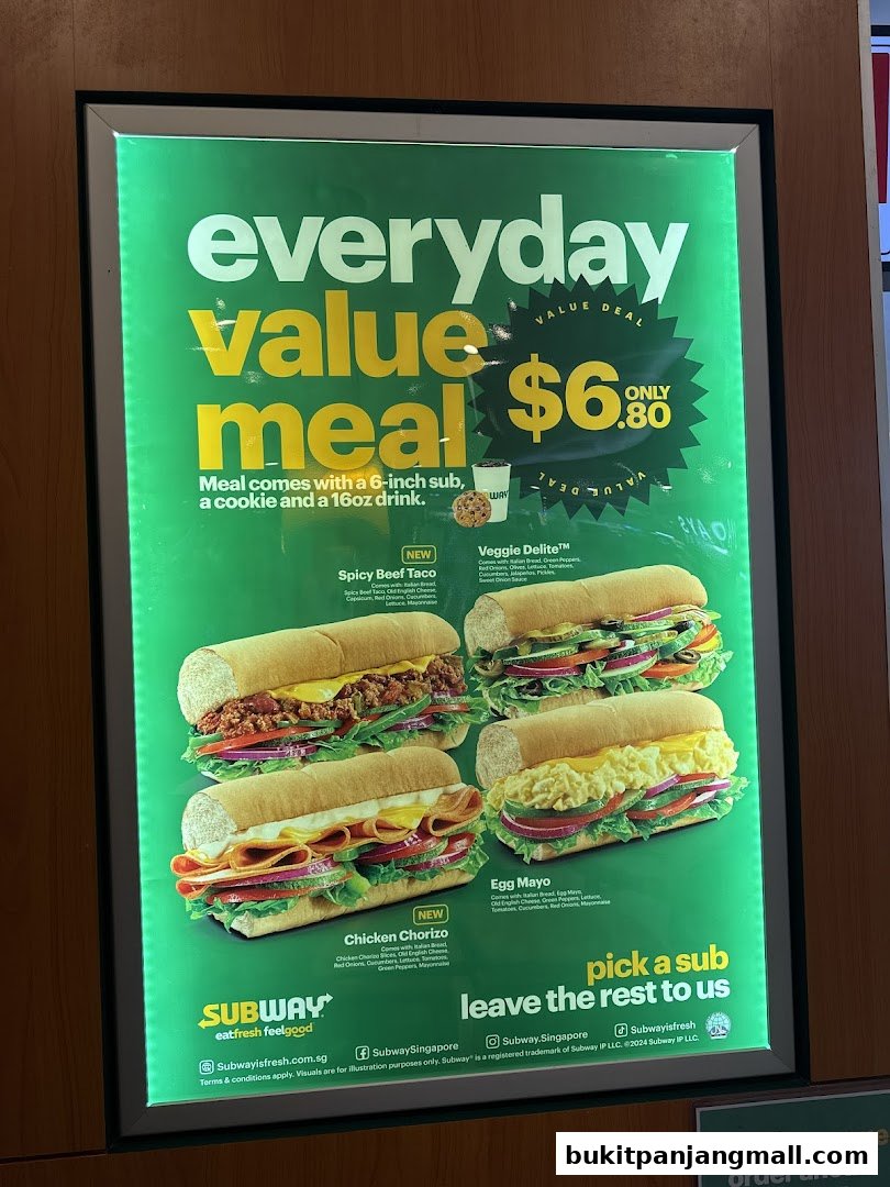 A Subway advertisement showcasing an everyday value meal with four sub options and a special price.