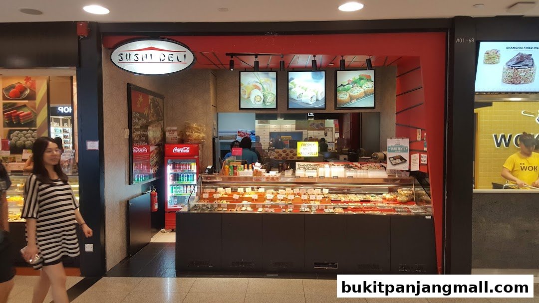 Sushi Deli shop front with a display of sushi and a Coca-Cola refrigerator.
