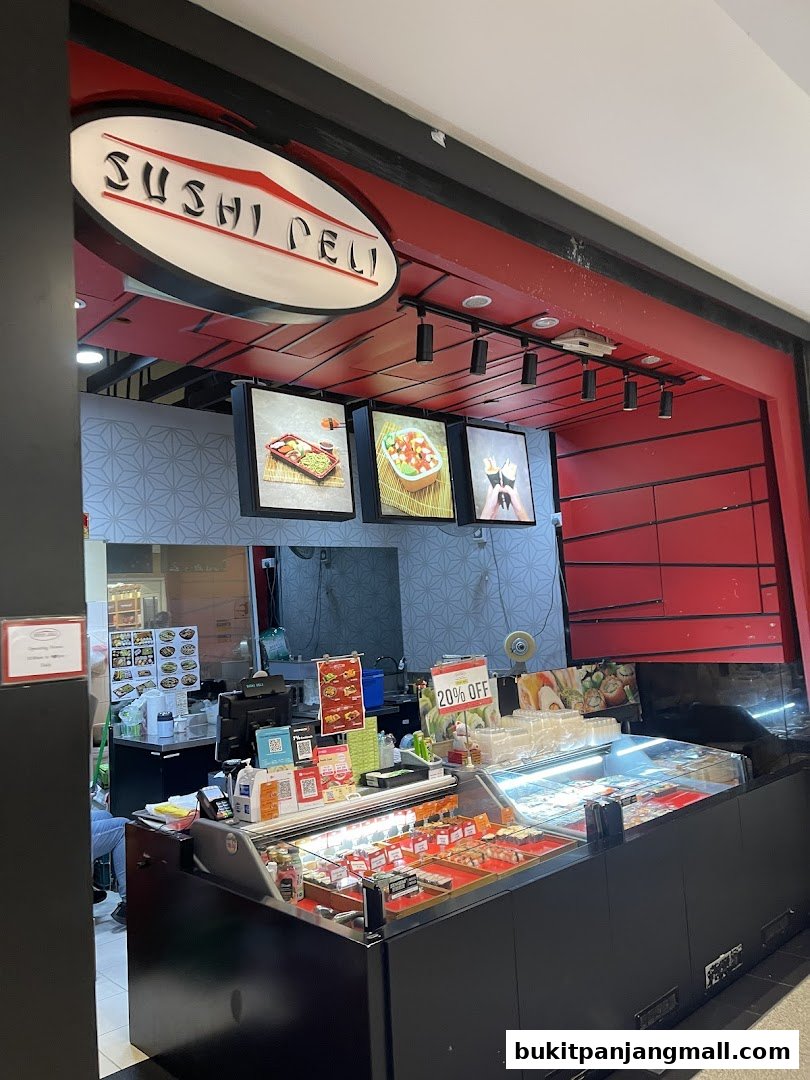 Sushi Deli shop front with a display of fresh sushi and a 20% off sign.