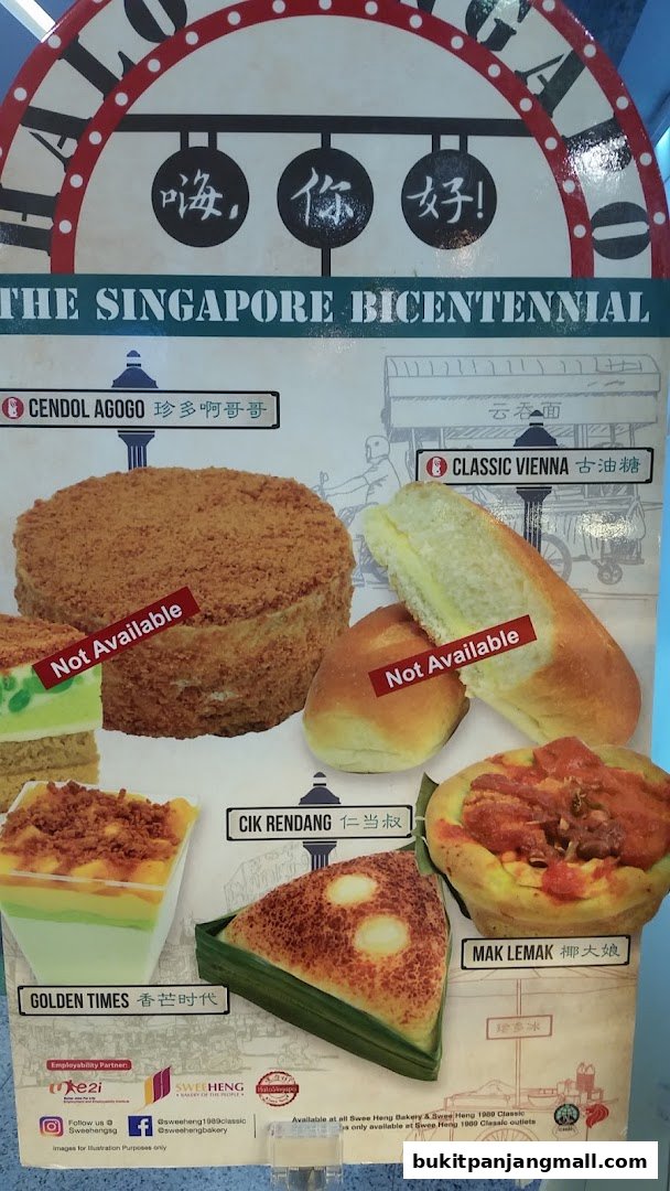 A display of various baked goods and desserts from Swee Heng Bakery, some marked as unavailable.