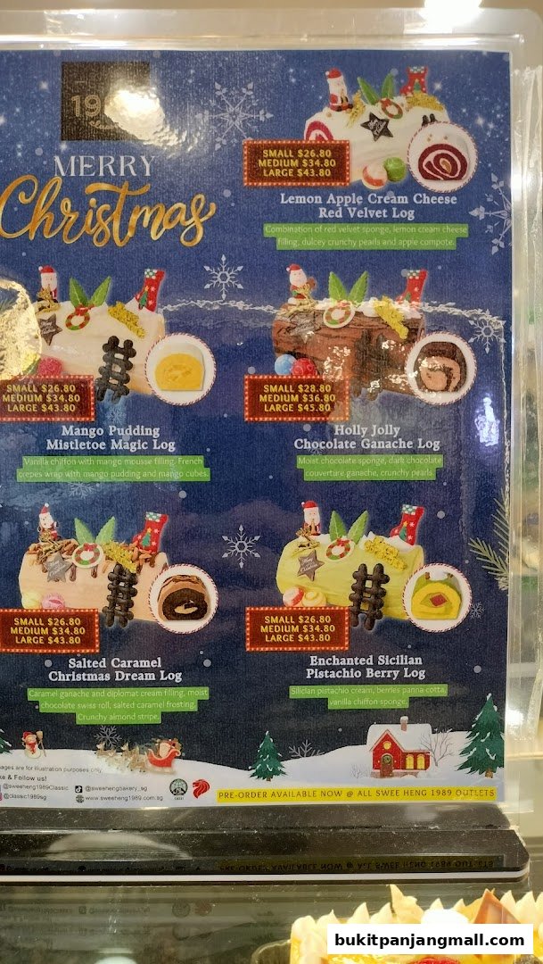 A menu showcasing various Christmas log cakes with descriptions and prices.