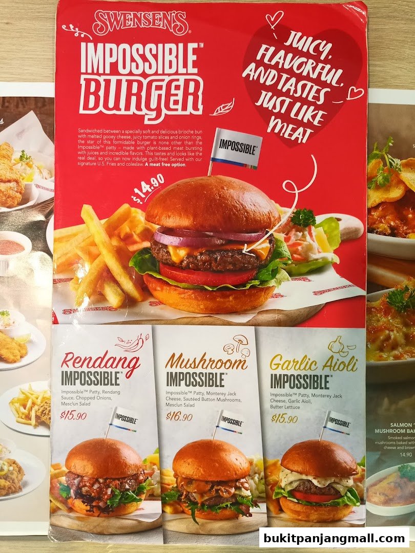 A Swensen's menu featuring the Impossible Burger and other burger options.
