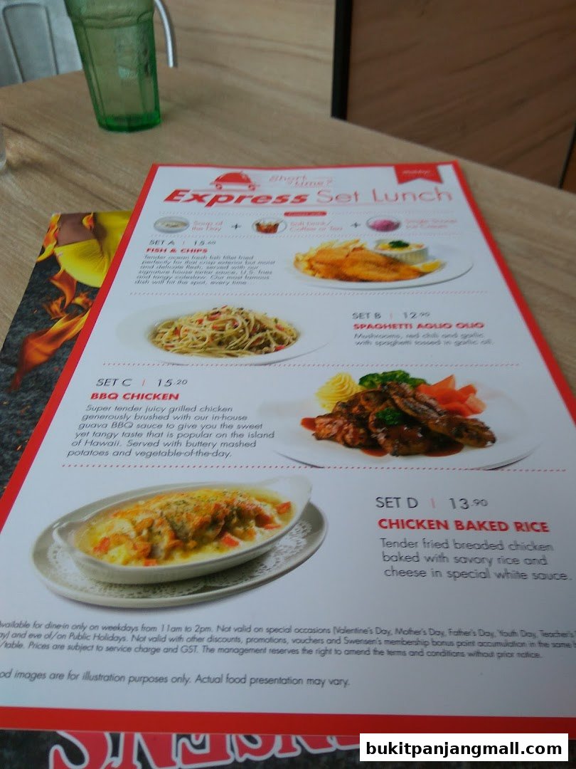 A menu featuring Swensens' Express Set Lunch options with various dishes.