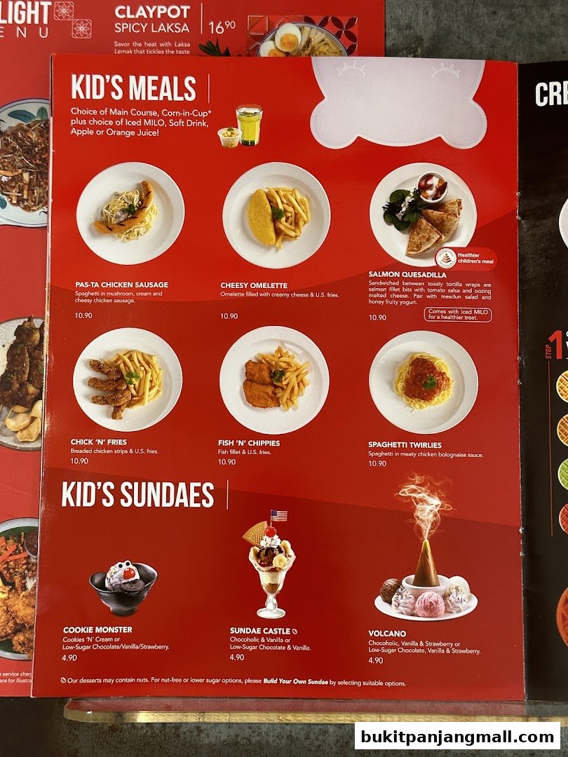 A menu featuring kid's meals and sundaes with colorful images and descriptions.