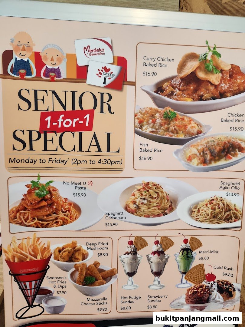 A menu featuring Swensen's Senior 1-for-1 special with various pasta, baked rice, fries, and ice cream options.