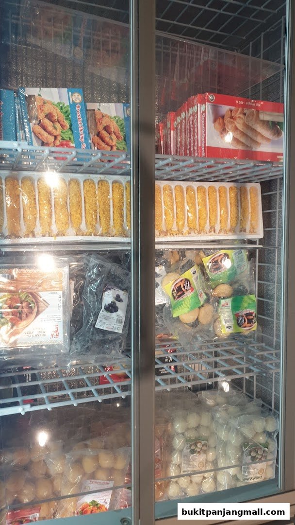 A display freezer filled with various frozen seafood and food products.