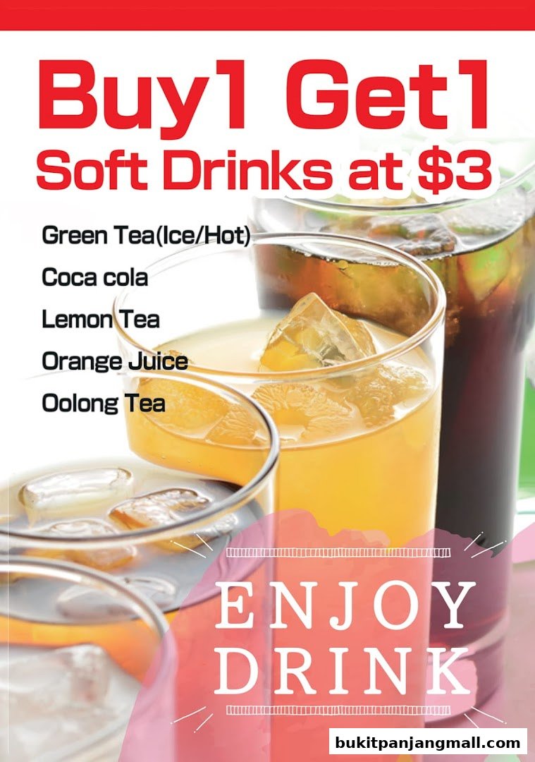 A promotional image for soft drinks with a buy one get one offer.