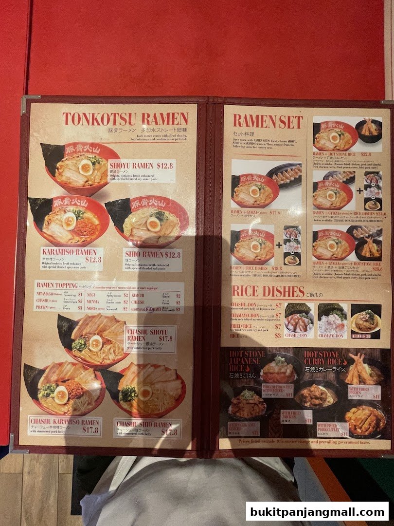 A menu for Tonkotsu Kazan featuring various ramen dishes, ramen sets, and rice dishes.