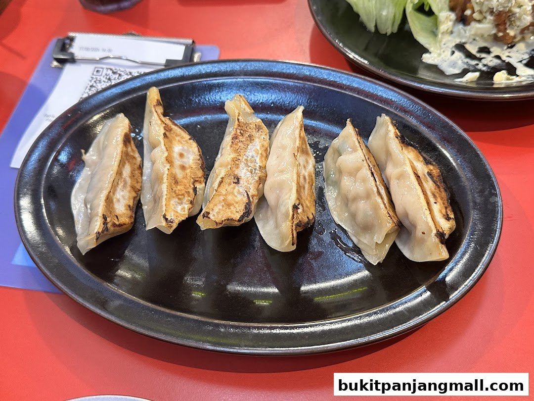 A plate of pan-fried gyoza dumplings on a black plate, with another dish in the background.