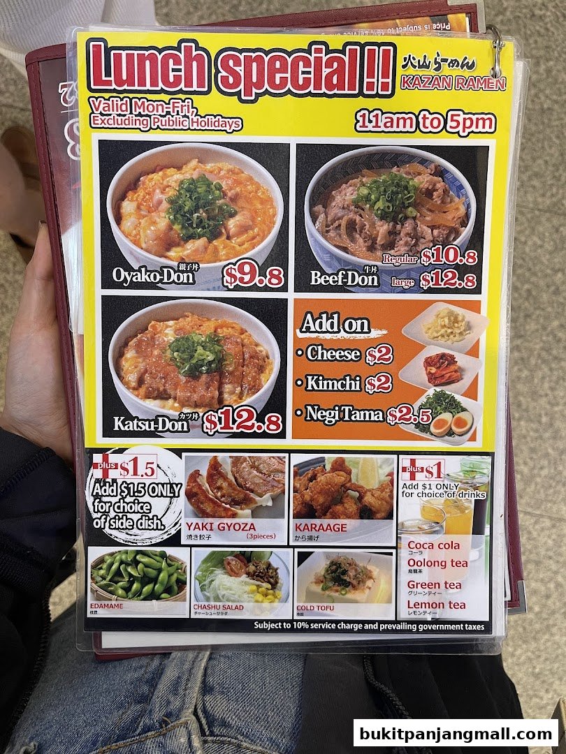 A menu for Tonkotsu Kazan featuring lunch specials, donburi, sides, and drinks.