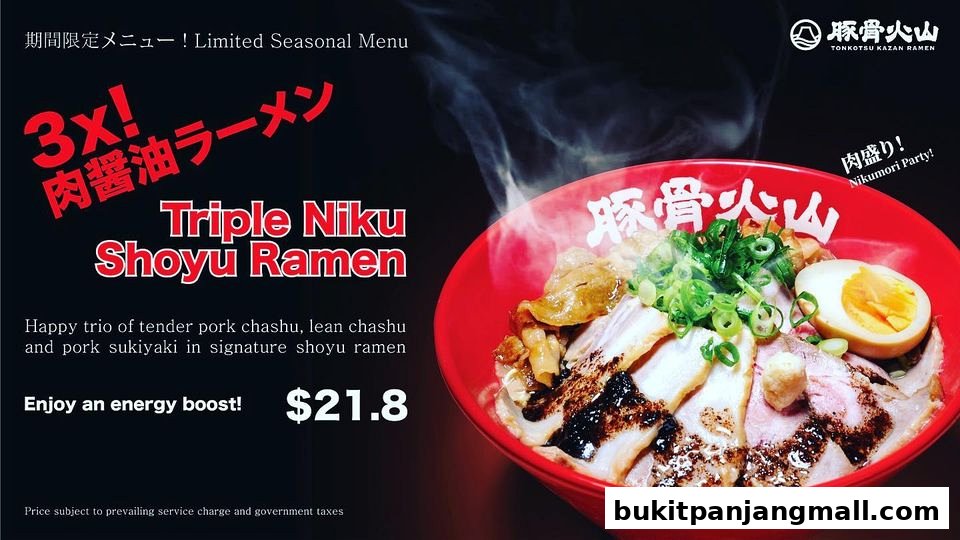 A vibrant advertisement for Tonkotsu Kazan Ramen's Triple Niku Shoyu Ramen.