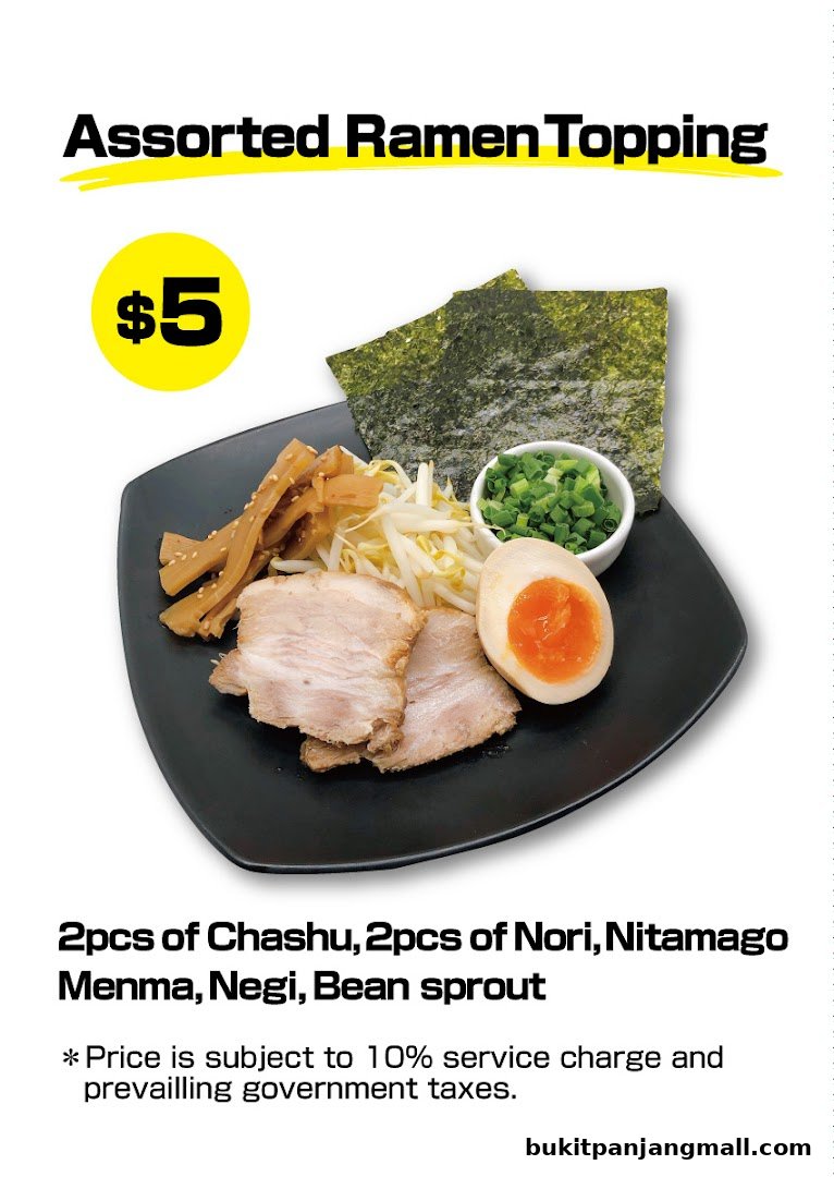 A plate of assorted ramen toppings including chashu, nori, nitamago, menma, negi, and bean sprouts, priced at $5.