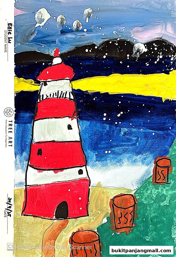A child's painting of a lighthouse at night with a starry sky and a yellow horizon.