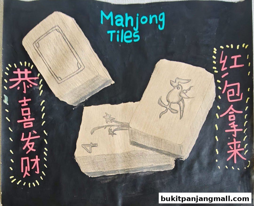 A drawing of Mahjong tiles with Chinese calligraphy and festive decorations.