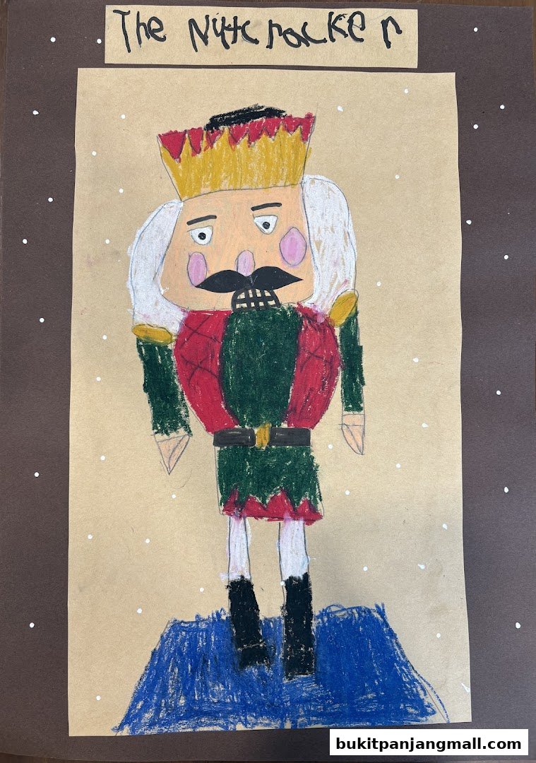 A child's drawing of a nutcracker with a crown and a mustache.