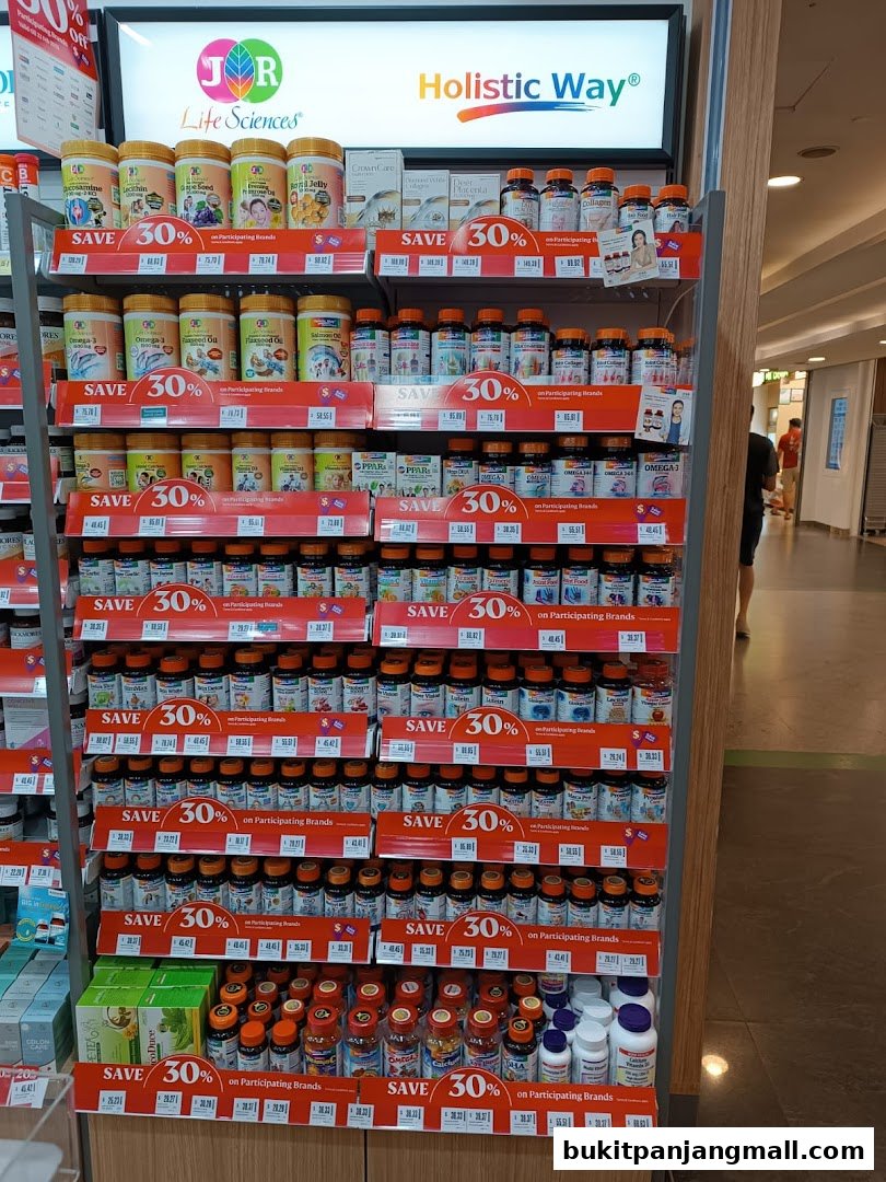 A display of various health supplements with prominent 'SAVE 30%' signage.
