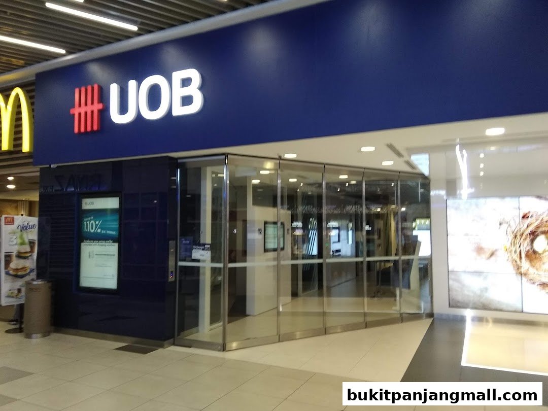 The UOB Bukit Panjang Branch features a modern glass entrance and prominent signage.
