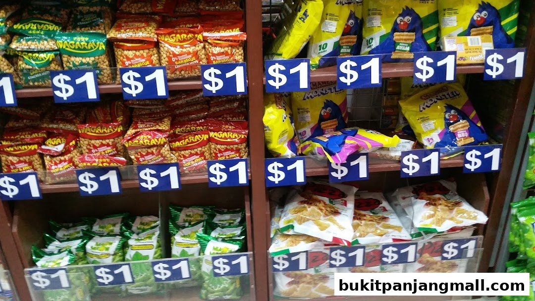 Shelves stocked with various snack bags, all priced at $1.