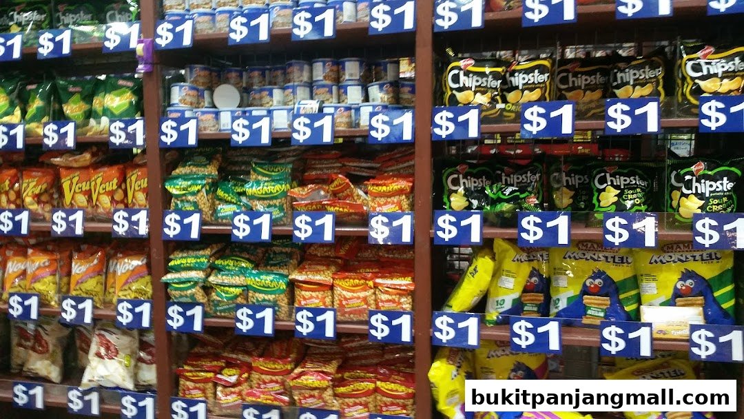 Shelves stocked with various snack bags and canned goods, all priced at $1.