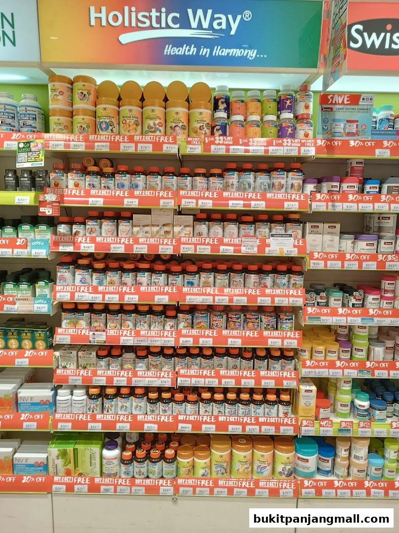 Shelves stocked with various health supplements and vitamins, featuring 'Buy 2 Get 1 Free' promotions.