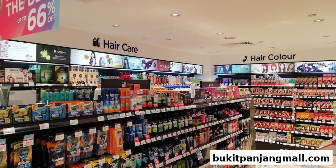 A well-stocked Watsons store interior featuring shelves filled with hair care and hair color products.