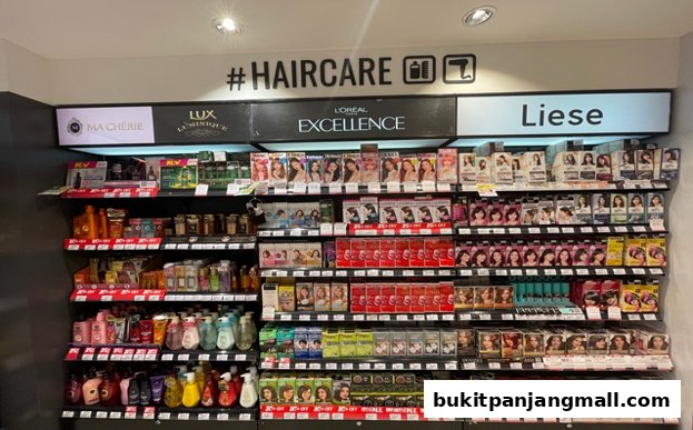 A well-stocked display of haircare products, featuring various brands and hair dye options.