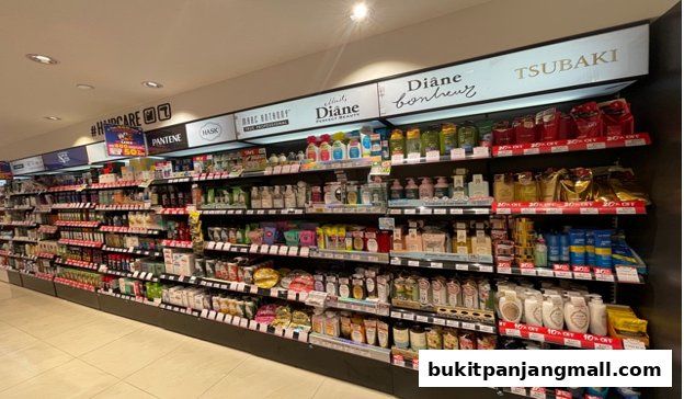 A wide selection of haircare and beauty products displayed on shelves in a retail store.