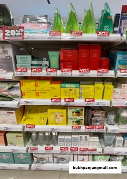Shelves stocked with various skincare products, many with '20% OFF' signs.