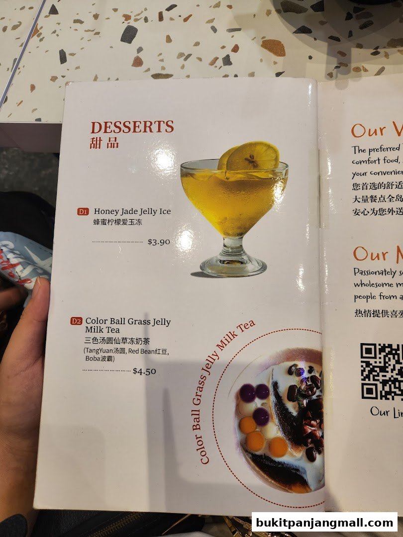 A menu featuring Taiwanese desserts, including Honey Jade Jelly Ice and Color Ball Grass Jelly Milk Tea.
