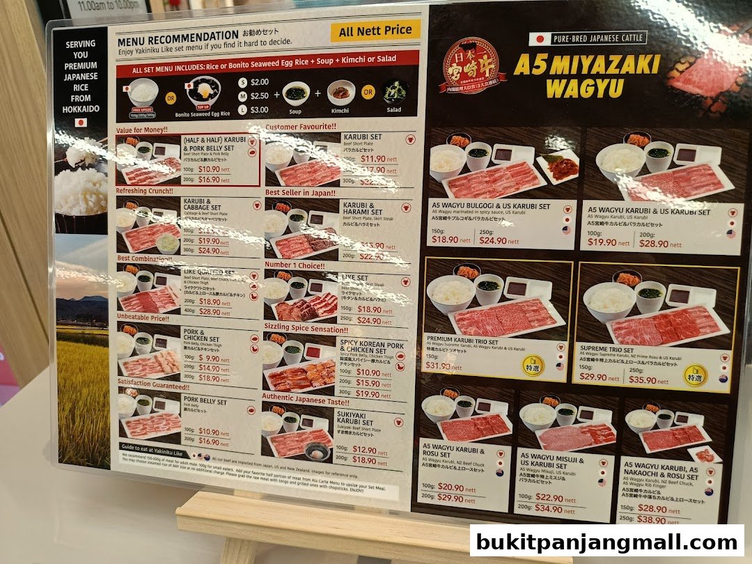 A menu showcasing various Japanese Wagyu beef sets with prices and descriptions.