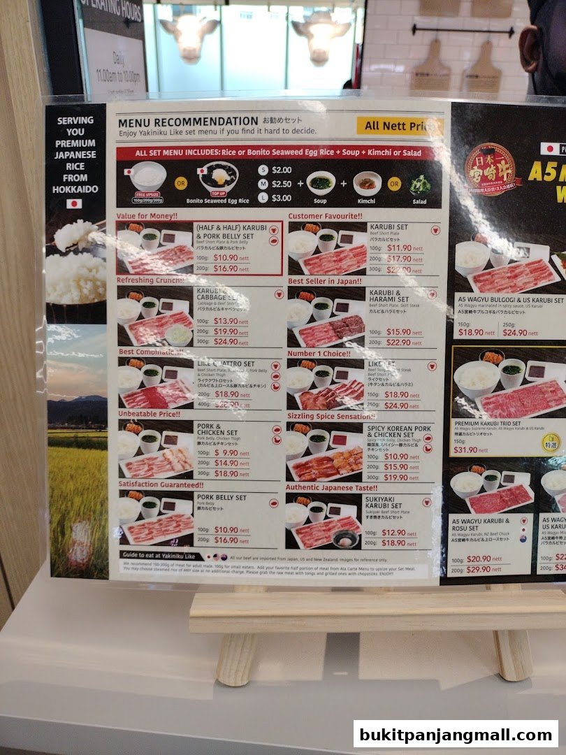 A menu for Yakiniku Like showcasing various set meals with meat, rice, and side dishes.