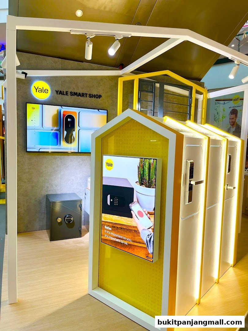 Interior view of the Yale Smart Shop showcasing smart locks and a safe.
