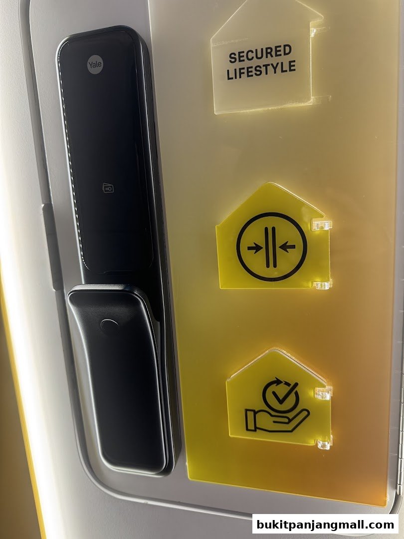 A Yale smart lock displayed with informational icons and text about a secured lifestyle.