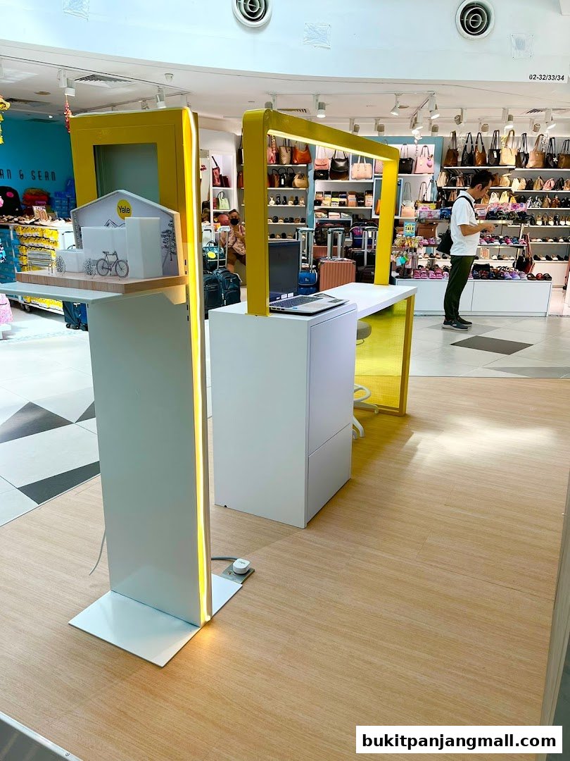 Interior view of a retail shop with displays of bags and shoes, and a service counter.