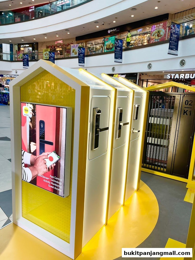 A display of Yale smart locks in a shopping mall, showcasing app control and security features.